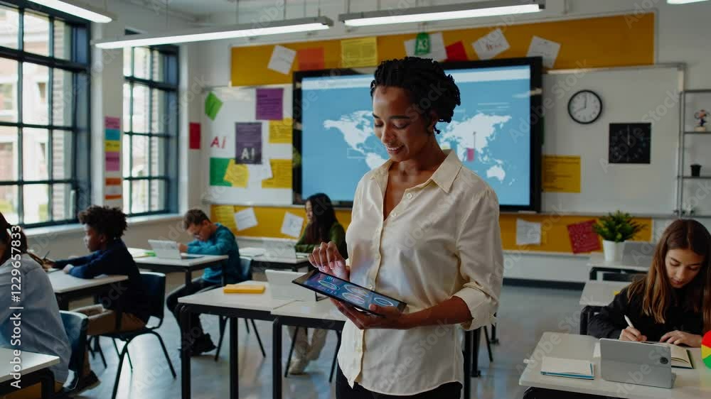 Poster innovative classroom technology enhances learning experiences with hologram and vfx elements