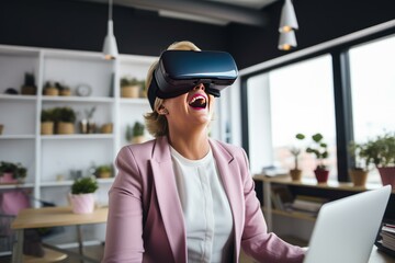 Excited businesswoman wearing vr headset is enjoying virtual reality experience in modern office