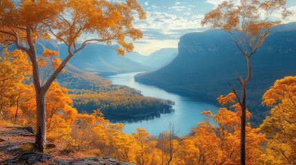 Autumnal River Valley Landscape Scenic View