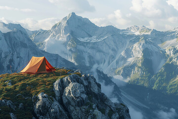 A small orange tent is set up on a rocky mountain top. The sky is cloudy and the sun background.