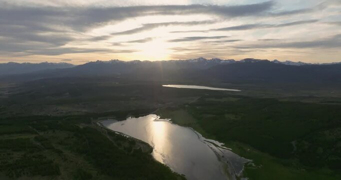 Aerial panoramic view of Laguna La Zeta, Natural Reserve located next to Esquel, Chubut, Argentina