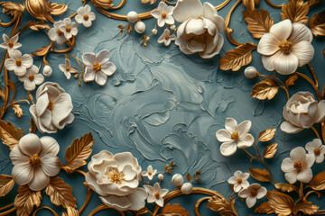 An intricate vintage card showcases delicate floral arrangements in soft hues, beautifully crafted against a pale blue background, ideal for March celebrations.