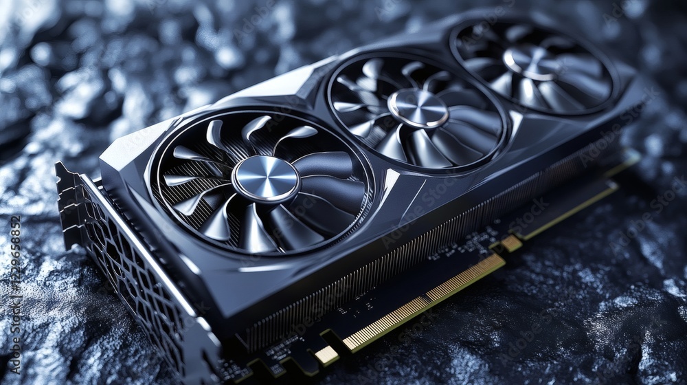 Poster detailed rendering of modern gpu with three cooling fans black matte casing and reflective metallic 