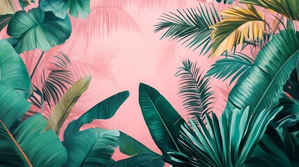 Naklejka premium Lush tropical foliage with vibrant green leaves against a pink background.