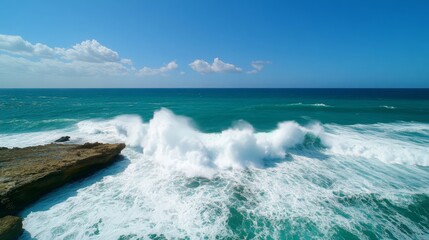 Fototapeta premium Dramatic Ocean Waves Crashing Against Rocky Coastline under a Sunny Sky