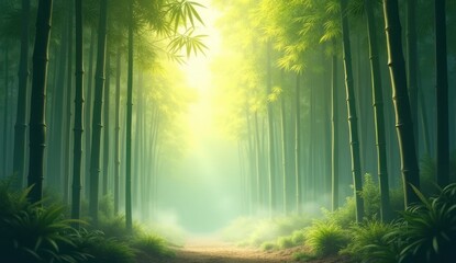 A serene and mystical bamboo forest with towering green bamboo stalks reaching towards the sky. Soft golden sunlight filters through the dense foliage, casting a dreamy glow over the misty forest pat