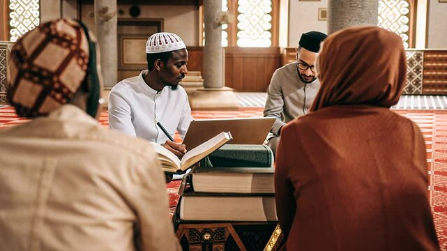Islam Quran examination concept, Study session in a mosque with students and books