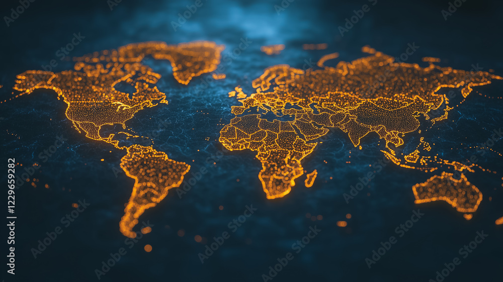 Poster global network connection: a mesmerizing visualization of the world map, depicted as a glowing netwo