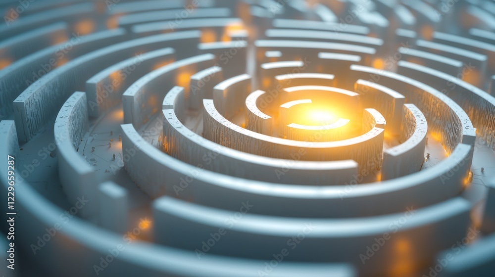 Aufkleber a mesmerizing white maze features intricate pathways winding toward a radiant light at its core, inv