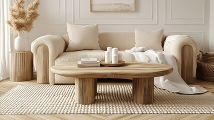 Beige and Natural Living Room Interior Design with Wooden Coffee Table and Comfortable Sofa