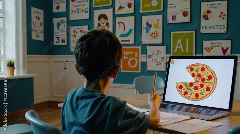 Poster Child studying in a colorful learning environment using technology and engaging with modern education tools effectively