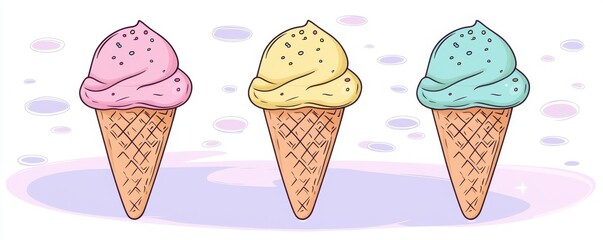 Delicious Trio of Ice Cream Cones Pink Yellow and Mint Flavors