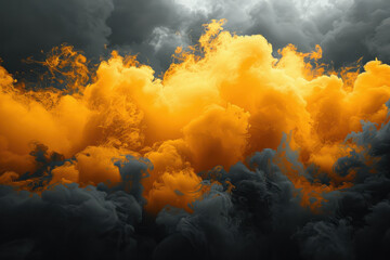 Fototapeta premium Thick clouds of bright yellow smoke rise dramatically, blending with dark gray hues. This striking display occurs outdoors, likely during late afternoon or sunset, creating an otherworldly effect.