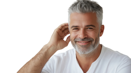 Smiling man with gray hair and beard, casual attire in a bright setting enjoying a moment of joy