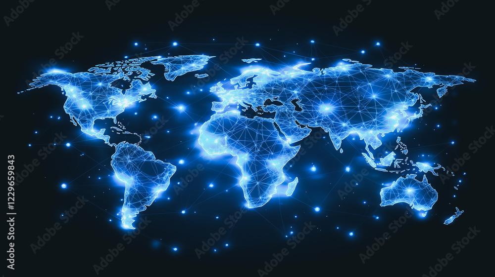 Poster global interconnectivity: a captivating abstract representation of a world map constructed from glow