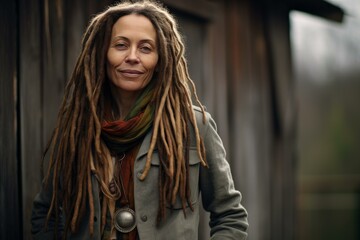Fototapeta premium Portrait of a confident mature female artist with dreadlocks, wearing a scarf and jacket, standing in front of a rustic wooden structure