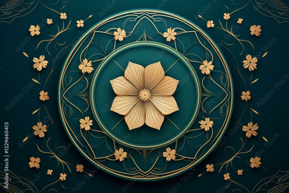 Poster golden flower blossoming within an elegant circular frame adorned with intricate patterns, creating 