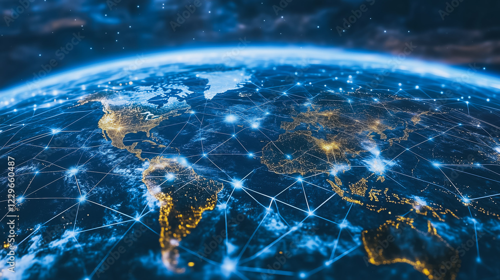 Poster global network: a mesmerizing view of earth at night, illuminated by city lights and interconnected 