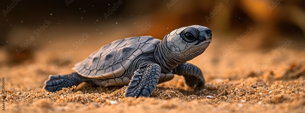 Aufkleber newborn turtle crawling on sandy beach during golden hour facing camera, showcasing intricate shell 