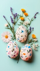 Fototapeta premium Easter floral pattern eggs, springtime blooming flowers on a blue background. Happy Easter concept.