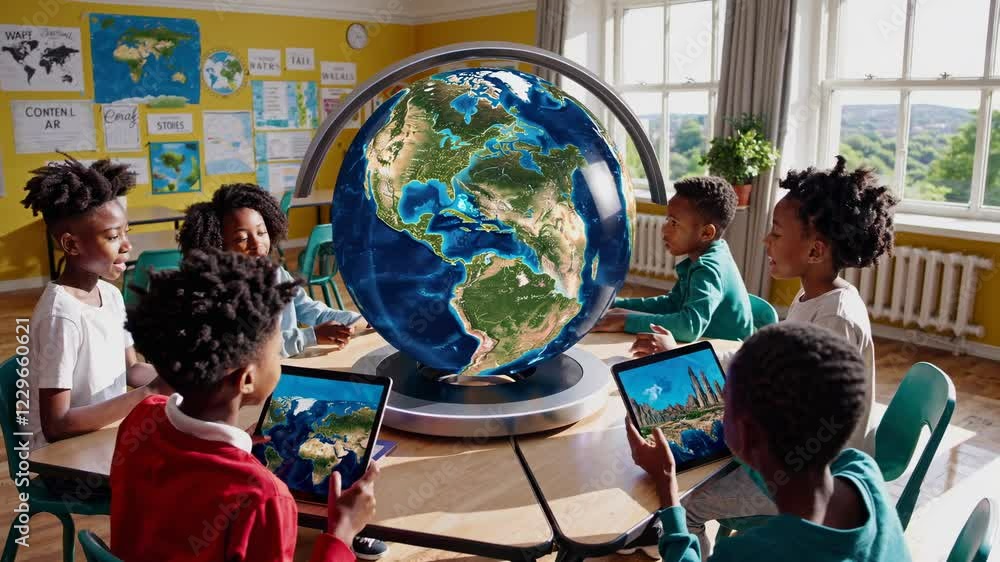 Poster engaging classroom activity using holographic globe to explore geography and cultures with students