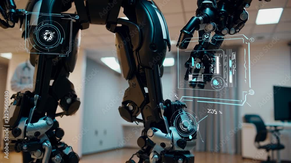 Aufkleber Futuristic robot legs in a laboratory setting showcase advanced VFX and HUD technology under research supervision
