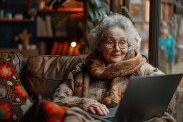 In a warm and inviting living room, a compassionate grandmother sits comfortably on her couch, intently looking at her laptop. She is wrapped in a cozy scarf, surrounded by homey decor.