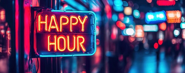 Vibrant Neon Happy Hour Sign in City Night Lights Illuminated Bar Sign Urban Nightlife