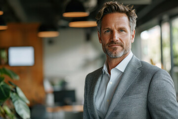 Confident businessman stands in modern office space with natural light