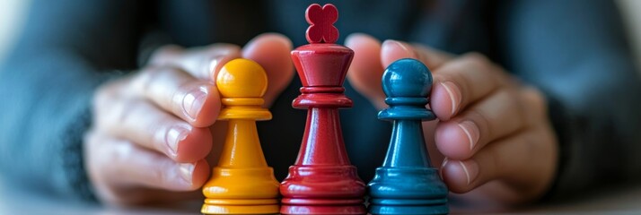 a hand protecting chess pieces, including a king, pawn, and rook, symbolizing a strategic mind and the importance of leadership in business. The image conveys themes of defense, safety.