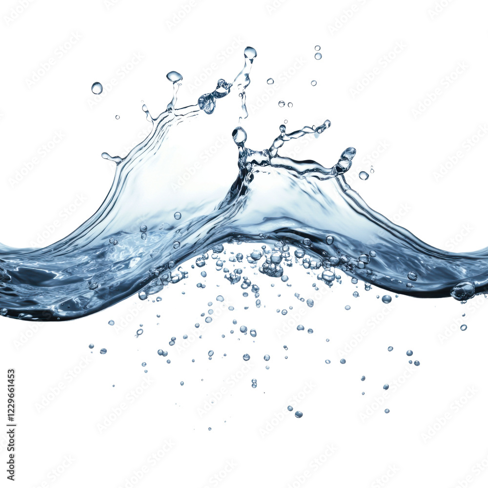 Poster dynamic water splash with droplets and wave on a transparent background, showcasing liquid motion an