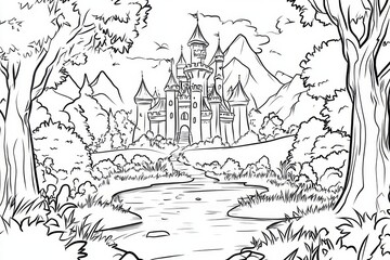Fototapeta premium Enchanted Castle in a Majestic Forest - Coloring Page