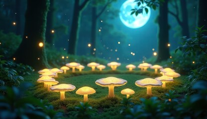 he mushrooms emit a soft white-blue light, creating a mystical glow that reflects off a gentle stream winding through the forest floo