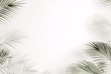 Fototapeta premium Delicate tropical leaves frame clean white background, creating serene and fresh atmosphere perfect for design projects