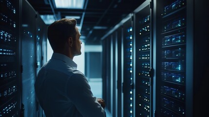 Data center technician monitors server performance in a high-tech facility during nighttime operations