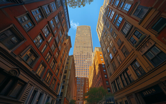 Fototapeta Low-angle photograph of city buildings in downtown Boston, seen from street level.