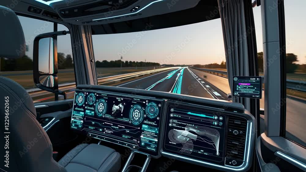 Aufkleber futuristic dashboard with holographic displays showcasing advanced vfx in a self-driving truck on a 