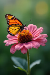 Fototapeta premium vibrant monarch butterfly rests on blooming pink flower in lush green garden