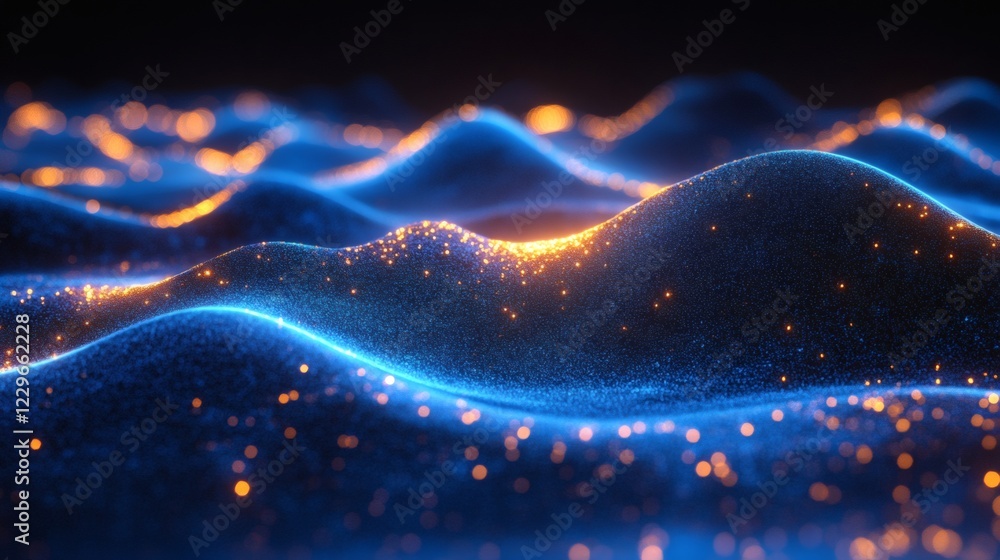 Poster digital blue wave effects glowing neon gradients and geometric patterns creating a sleek futuristic 