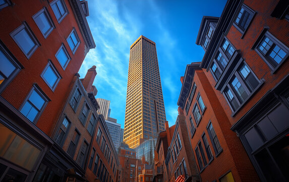 Fototapeta Low-angle photograph of city buildings in downtown Boston, seen from street level.