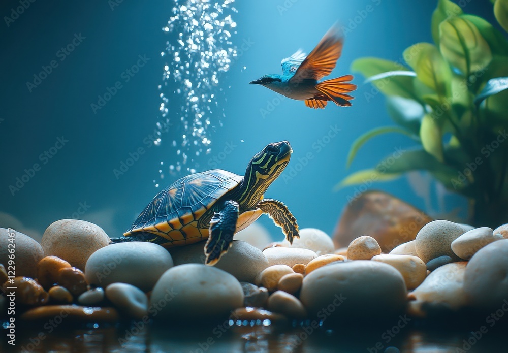 Poster peaceful aquatic scene featuring a turtle on smooth stones with a colorful bird hovering above in lu