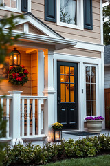 Charming Home Exterior at Dusk: Inviting Porch, Elegant Design, and Warm Lighting Create a Cozy Atmosphere