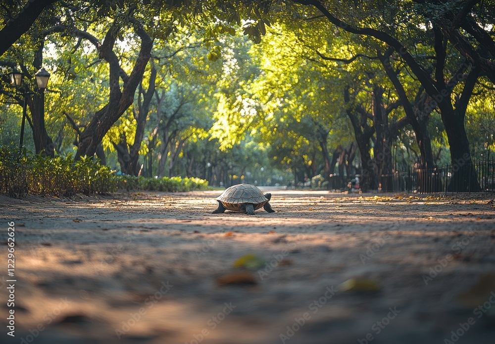 Poster peaceful scene of a turtle walking on a sandy path surrounded by lush greenery and sunlight filterin