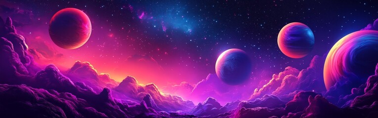 A colorful cosmic illustration featuring planets and stars in a nebula. Perfect for sci-fi or educational themes.