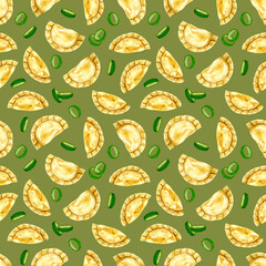 Watercolor dumplings seamless pattern. Food repetitive background. Asian food print with dumplings and spring onion. Perfect for wallpaper, fabric, wrapping, packaging, stationery, art and crafts.