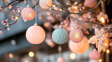 Pastel christmas ornaments with cherry blossoms, delicate holiday decoration perfect for modern winter celebration and festive design horizontal banner