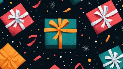Obraz premium Festive Gift Boxes Pattern Colorful Presents Ribbons Confetti Celebration Background
