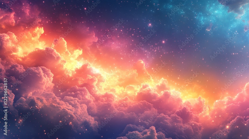 Poster dreamy background fluffy clouds drifting through a colorful gradient sky filled with sparkling stars