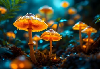 Fototapeta premium Glowing Orange Mushrooms in Enchanted Forest With Magical Lighting and Atmosphere