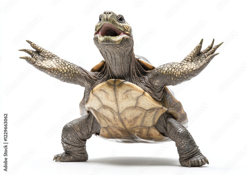 Poster playful and expressive turtle with outstretched limbs in a studio setting, showcasing unique texture